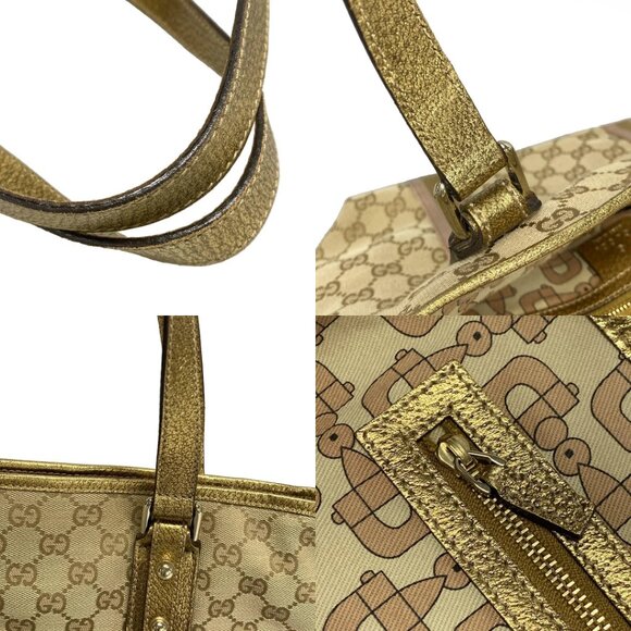 Auth GUCCI GG 137396 Beige Gold Pink Jacquard Leather - Tote Bag - Picture 13 of 14